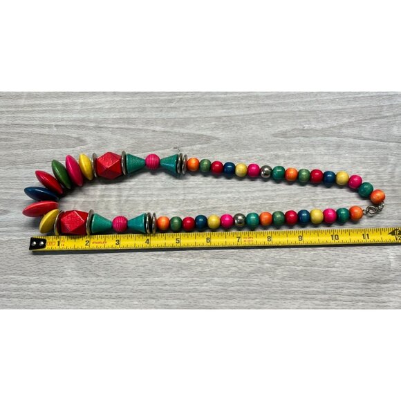 Handcrafted Rainbow Wooden Bead Necklace Geometric Shapes Graduating Beads Boho - Picture 2 of 9